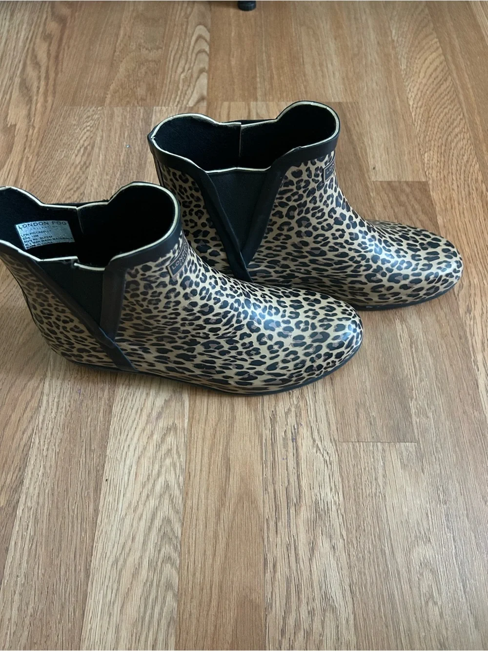 London Fog Leopard Print Ankle Rain Boots - Black & Tan.Size 10